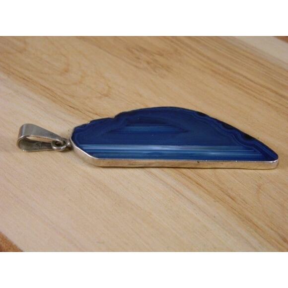 Sterling Silver Blue Agate Slice Pendant, Vintage Blue Stone Pendant - Picture 5 of 6
